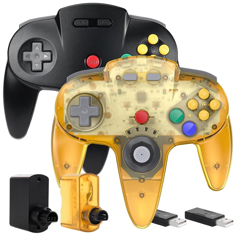 SAFFUN 2 Pack Wireless N64 Switch Online Controller, 2.4 GHz USB & N64 Receivers, Compatible with Windows PC macOS, N64 / Switch / NSO - (Rechargeable) (Plug and Play) (Built-in Rumble) (Clear Yellow/Black) - Image 1